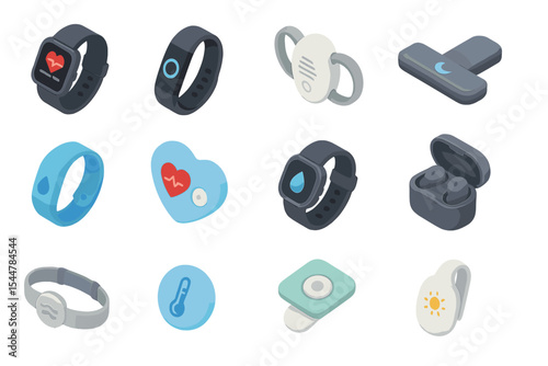 Variety of modern wearable health and fitness devices in glowing display