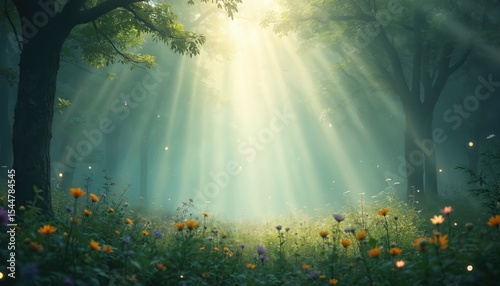 Sunlight shines through forest trees, creating magical, mysterious scene. Misty background with beams of light, nature scenery. Serene tranquil forest environment, aethereal atmosphere.