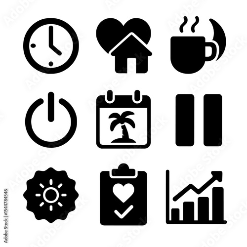 Work-Life Balance Icons. Solid, filled icons set of work-life balance values: clock icon, heart and home,