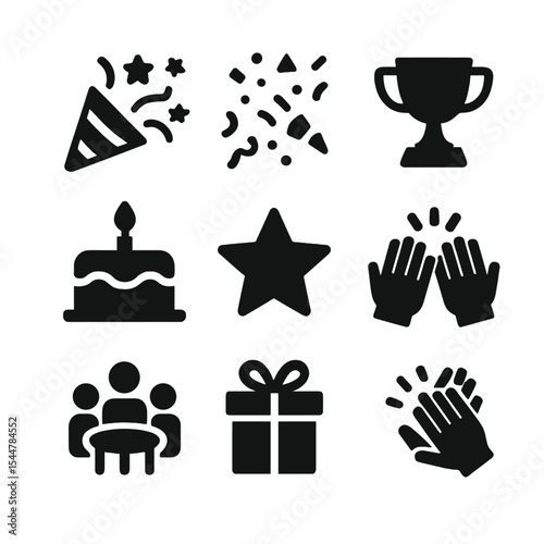 Workplace Celebration Icons. Solid, filled icons set of workplace celebration events: celebration icon, confetti, trophy, cake, gold star, high five, team gathering, appreciation gift, applause.