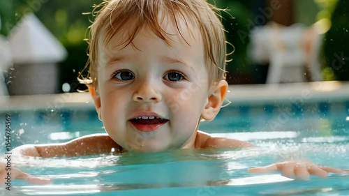 Joyful toddler splashes in pool during summer afternoon at family gathering