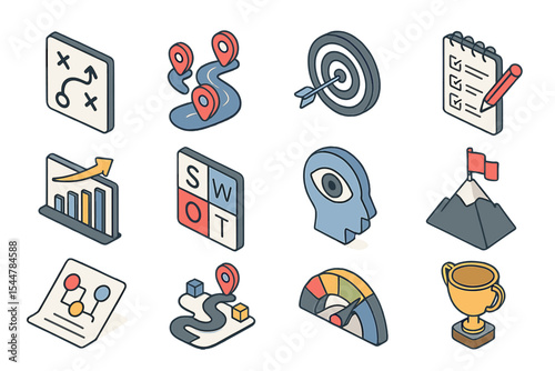 Strategy icons - targets, charts, checklists, navigation, trophies, swot analysis
