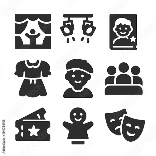 Youth Theater Icons. Solid, filled icons set of youth theater showcase: stage performance, stage lights,