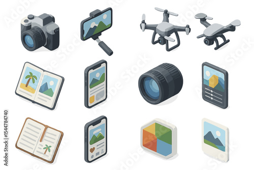 Isometric icons of camera equipment, drones, smartphones, and photo apps