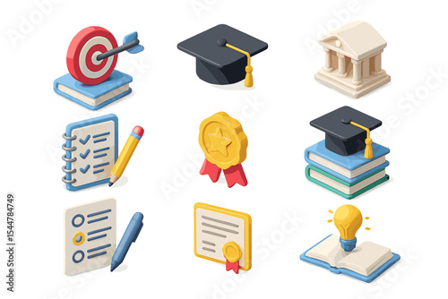 Education icons: books, diploma, graduation cap, checklist, target, award