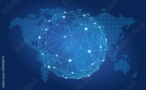 Quantum abstract circles background for global data concept, blue tones connected dots sphere lines wireframe pattern and a world map behind, concept of data science, technology, ai