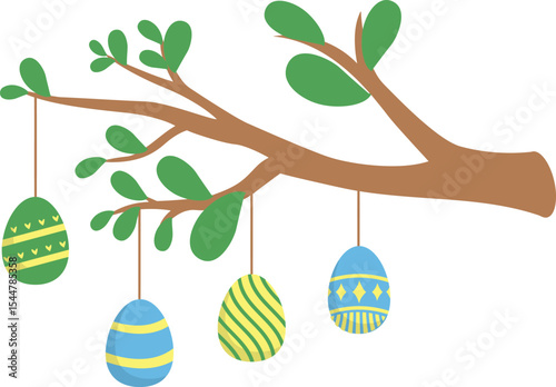 Easter Egg Display: Celebrate the spirit of Easter with a cheerful illustration of ornamented eggs hanging from tree branch, inviting reflection and anticipation.