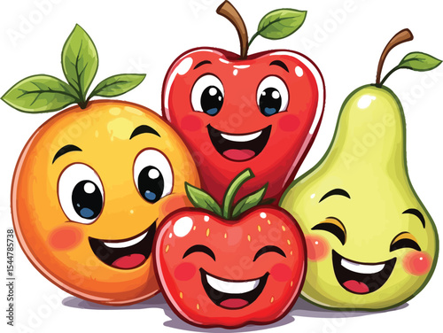 Kawaii Fruit Family – Cartoon Vector Set Featuring Smiling Orange, Apple, Strawberry, and Pear with Expressive Eyes