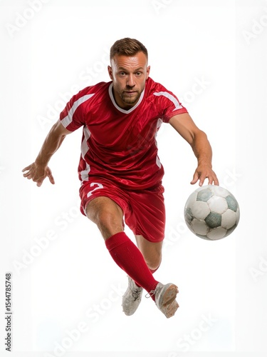 Dynamic Male Soccer Player in Red Jersey Kicking a Soccer Ball