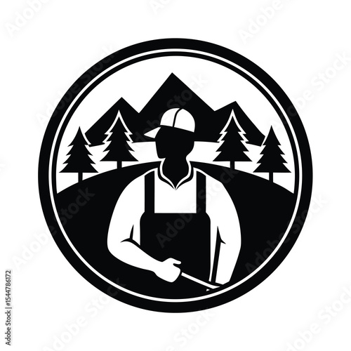 Lumberjack with Axe Mountain Landscape Logo
