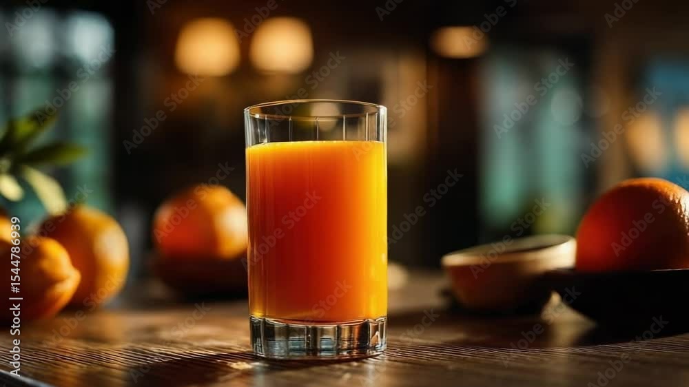 Freshly squeezed orange juice served in a glass with ripe oranges in a cozy kitchen setting during daytime Freshly squeezed orange juice served in a glass with ripe oranges in a cozy kitchen setting during daytime