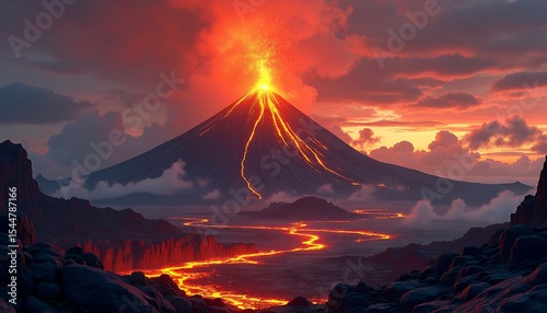 Volcano erupting with lava stream at sunset
