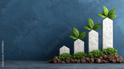 Abstract Stone Graph with Green Leaves and Moss