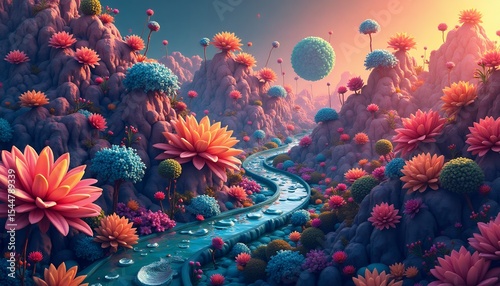 Fantasy Flower Landscape with Winding River