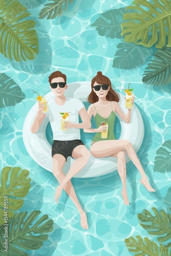 A young couple, dressed for summer, lounges on a float in a vibrant pool surrounded by green leaves. They savor tropical drinks while wearing sunglasses, embodying a carefree holiday vibe.
