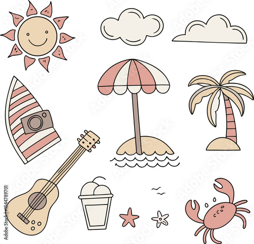 Summer collection of colorful seasonal illustrations in flat style. Bright summer holiday design set with tropical and beach themes. Unique summer themed collection featuring fun elements and icons