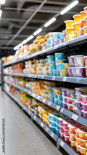 Supermarket shelf slowly filling with yogurt cups