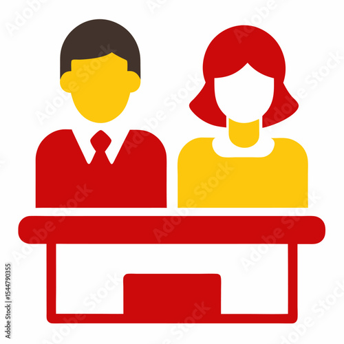 A woman and a man are seated at a desk vector icon on white background.