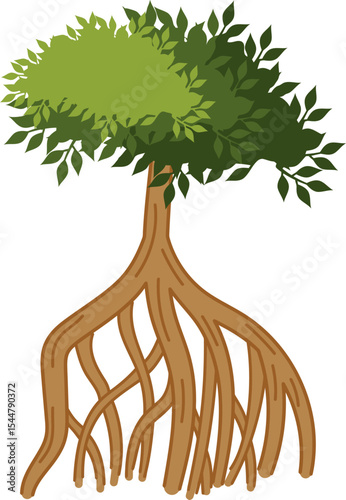 Resilient Roots: A sturdy tree with an intricate root system, symbolizing strength and natural beauty, against a clean background.
