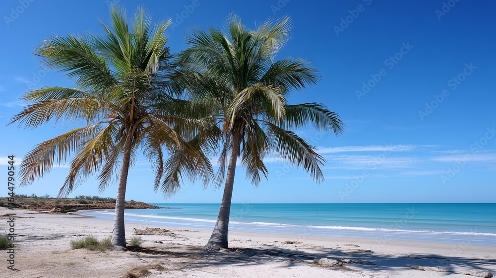 Obraz premium Two palm trees on empty tropical beach shoreline 
