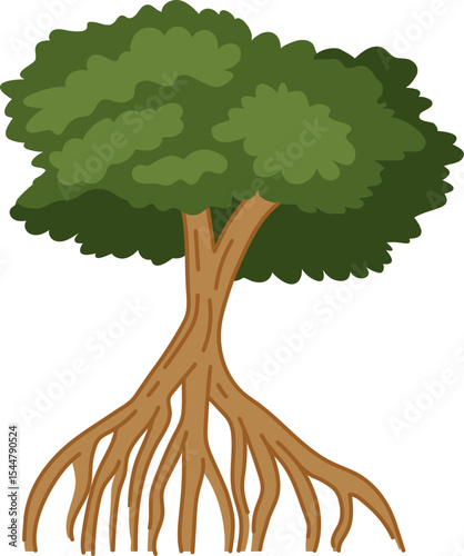Rooted Beauty: A close-up depiction of a vibrant tree, revealing its intricate network of roots anchoring it firmly to the earth, topped with lush green foliage that embraces the warmth of daylight