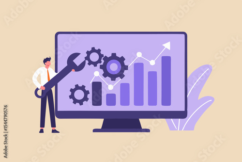 Business growth and system optimization businessman with wrench fixing computer graph financial performance improvement and productivity strategy