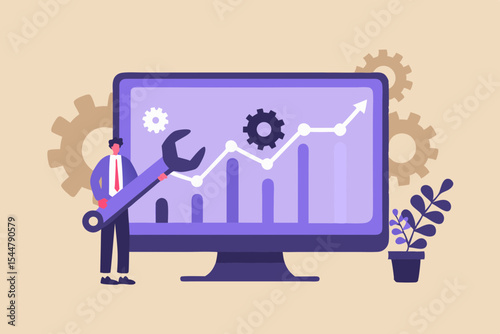 Business Performance Optimization with Technical Expertise Illustrated by a Man with a Wrench and a Rising Graph on a Computer