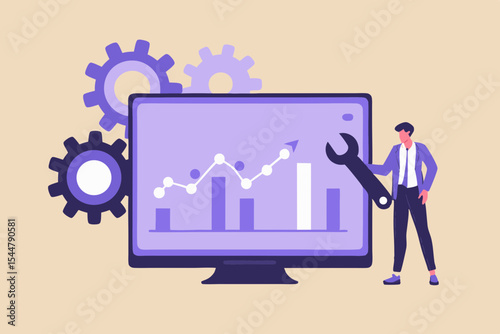 Business Growth and Optimization with Data Analysis and Technical Support Showing a Man with a Wrench and a Rising Graph