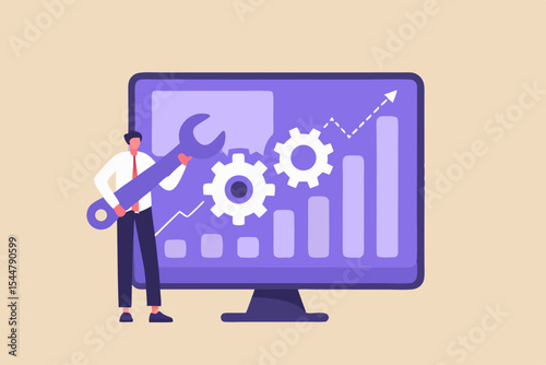 Business Optimization and Growth Strategy with Technical Solution Man with Wrench Gears and Bar Graph on Computer Screen