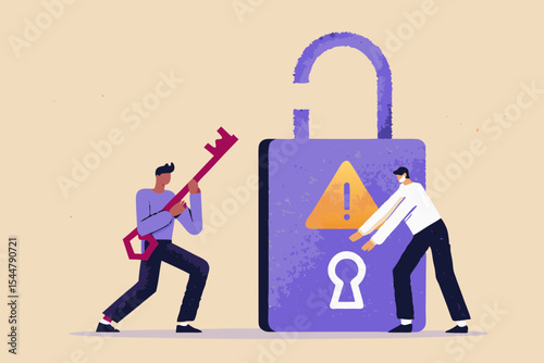 Cybersecurity threat and vulnerability concept man holding key to unlock data and another trying to fix security breach