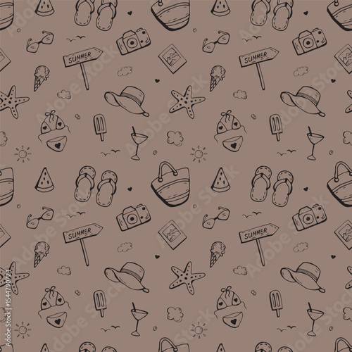 Summer vacation icon seamless handdrawn pattern. Summer beach elements. Mocha Mousse background