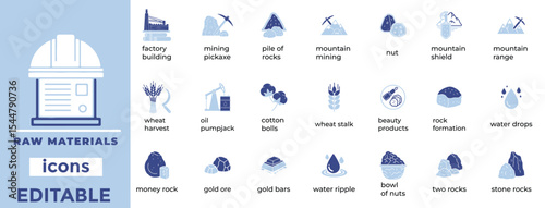 Editable raw materials vector icons for industry, supply chains, and production. Clean, minimal line art style.