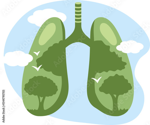 Healthy Lungs: An artistic representation symbolizes the beauty of the environment and the importance of healthy respiration, showcasing a pair of green lungs filled with vibrant trees.