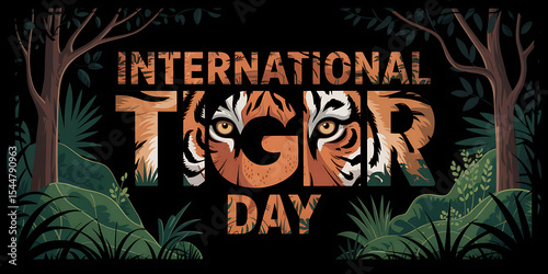 International Tiger Day  Banner with a realistic tiger face on a brick wall