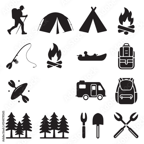 Outdoor Adventure & Camping Glyph Icons - Hiking, Fishing, Bonfire, Tent, RV & Forest Symbols