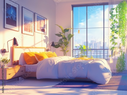 detailed image of Side view on bright bedroom interior with panoramic window high detail