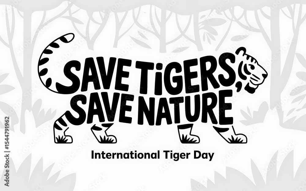 Obraz premium International Tiger Day: Save Tigers, Save Nature slogan on tiger shape