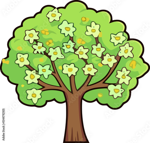 Cartoon tree with blooming flowers: A cartoon illustration of a vibrant tree in full bloom, adorned with delicate flowers, representing the essence of spring and the beauty of nature.
