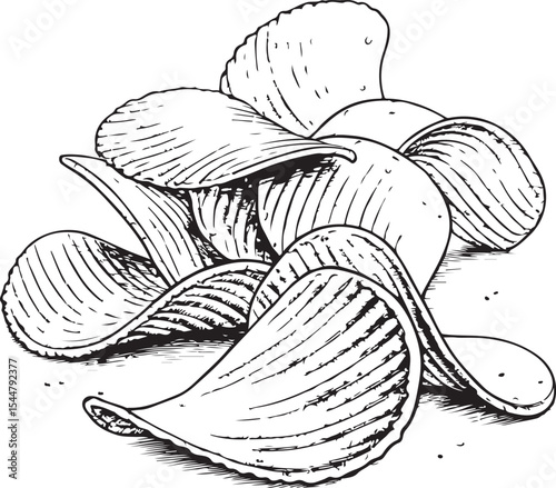 Potato Chips Crisps Vector Illustration, Sketch Drawing Line Linear Symbol Icon Engraving Coloring Book, Hand-drawn Black and White Isolated