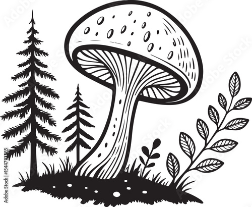 Forest Mushroom Vector Illustration, Sketch Drawing Line Linear Symbol Icon Engraving Coloring Book, Hand-drawn Black and White Isolated