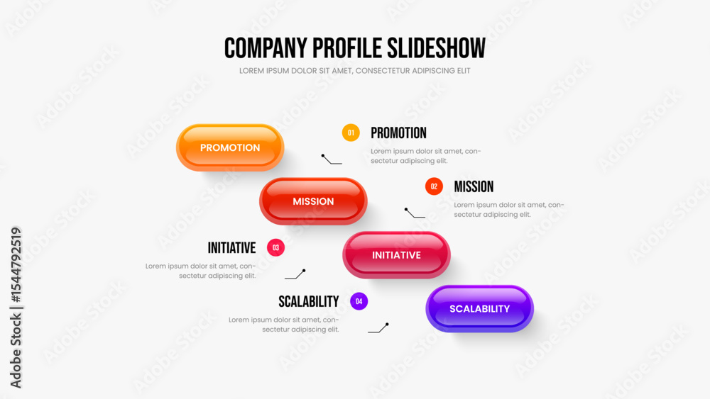 Fototapeta premium Sales Strategy 4 Step Diagram Frame Template. Advertising Profile Four Element Infographic Slideshow Layout. Market Development Slide Design Vector Illustration.