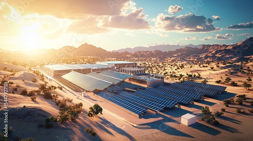 Aerial view of futuristic sustainable solar data center featuring clean energy technology surrounded by expansive solar panel arrays in a desert setting with cinematic quality lighting.