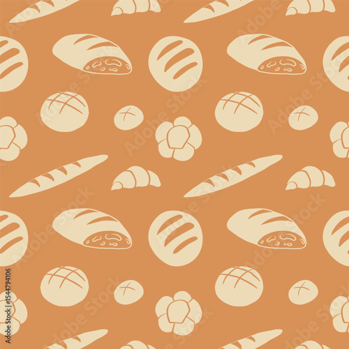 Bakery products pastry seamless pattern. Vector repeating background with hand drawn bread, loaf, bagel, croissant, muffin,  bun, cheesecake, eat wheat. Food, bakeshop, menu. Design textured rapport 