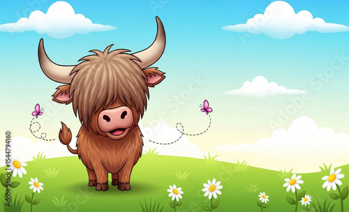 Cartoon illustration of a cute highland cow on a grassy field