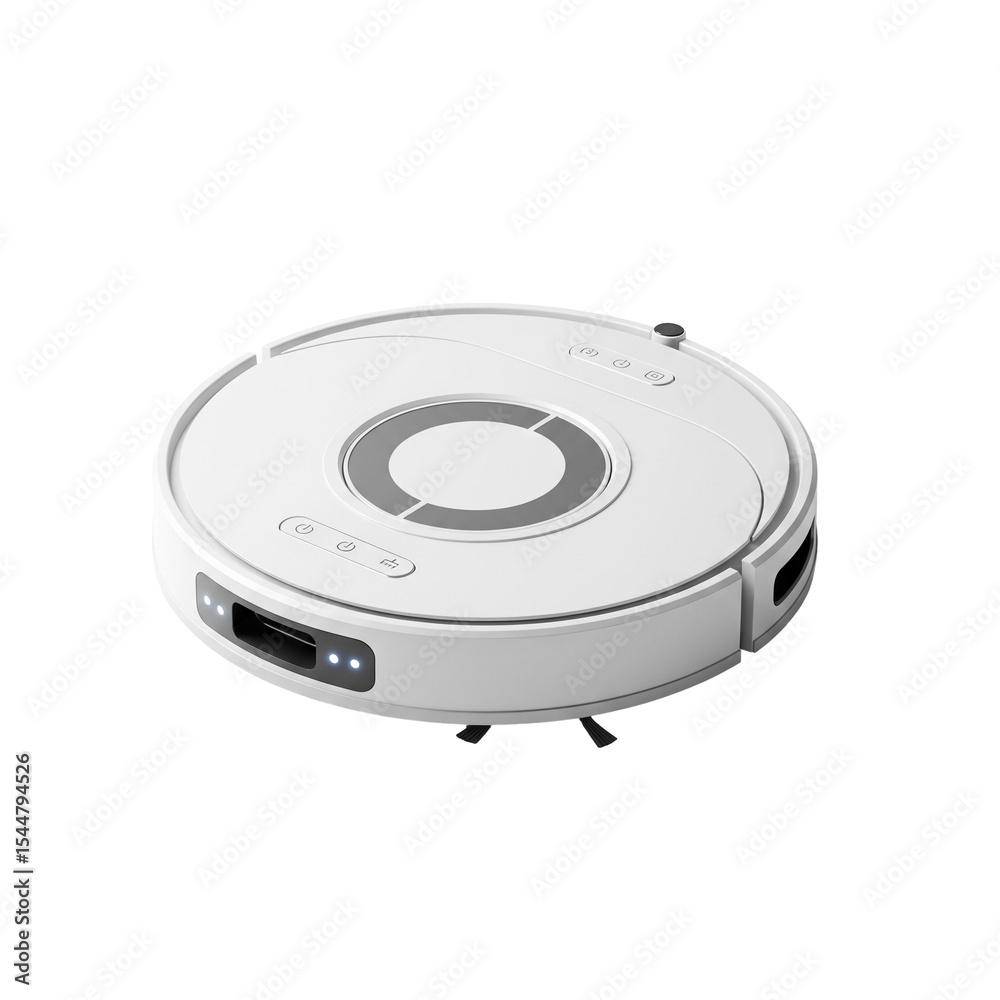 Fototapeta premium White Robotic Vacuum Cleaner with Circular Design and Cleaning Brushes Isolated on White Background