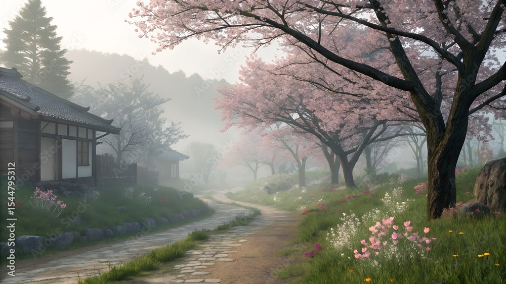 Village path lined with blooming trees and spring mist — calm and poetic Village path lined with blooming trees and spring mist — calm and poetic
