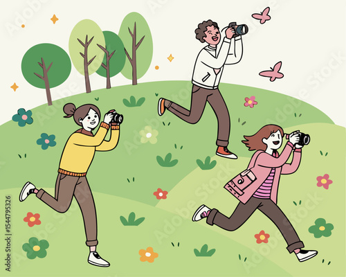 Dynamic Group of Cheerful Friends Doing Jump Shot Photography Outdoors: Fun Leisure Activity and Happy Lifestyle Moment Vector Illustration