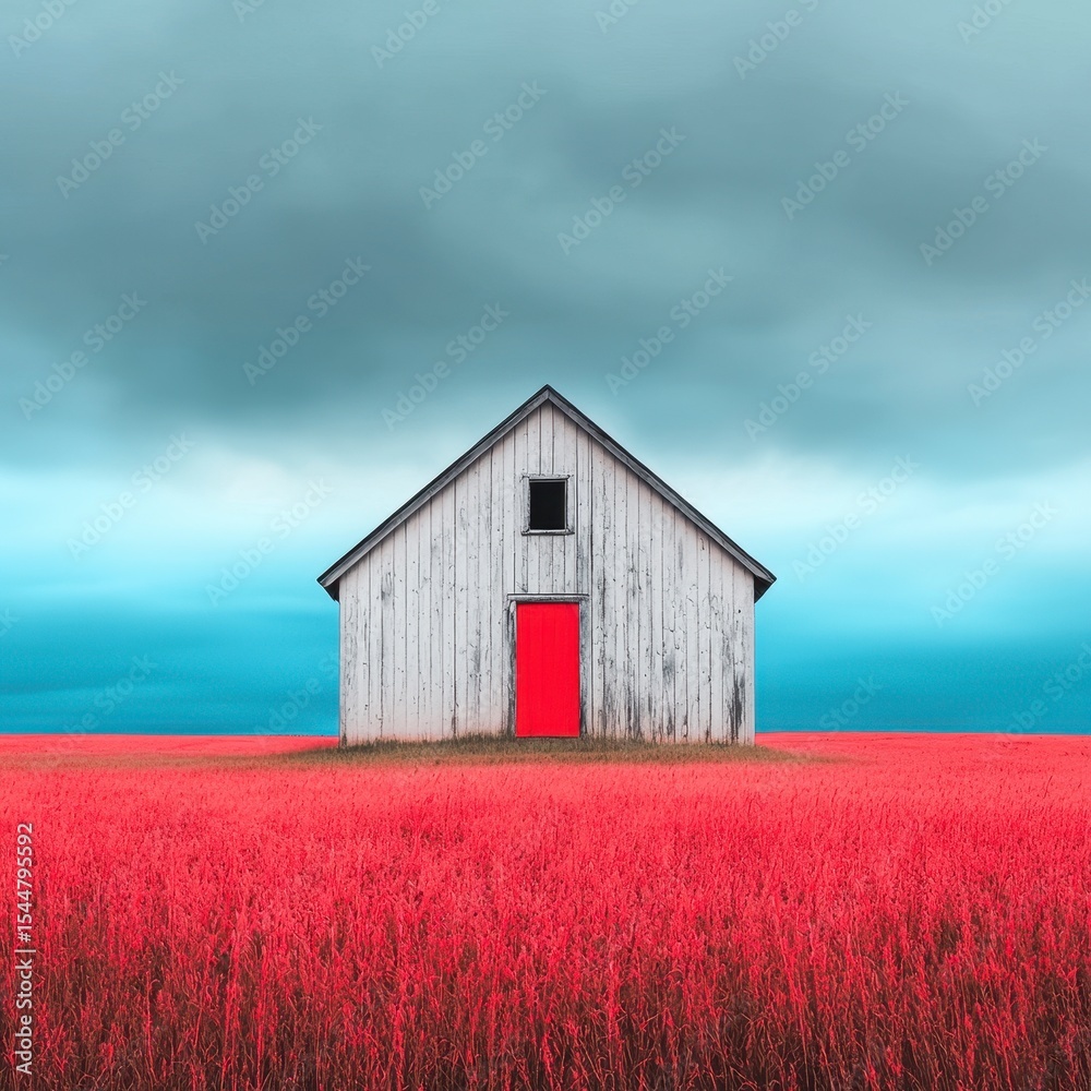 Obraz premium Weathered White Barn with Red Door in Red Flower Field under Gray Sky