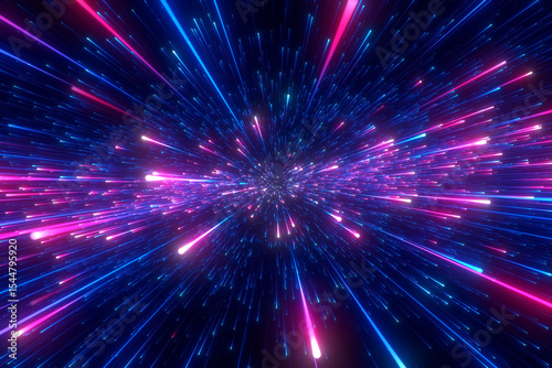Bright radial light beams. Abstract background in blue and purple neon glow color. Light burst in universe. Space background for event, party, carnival, celebration, anniversary or other. 3D rendering