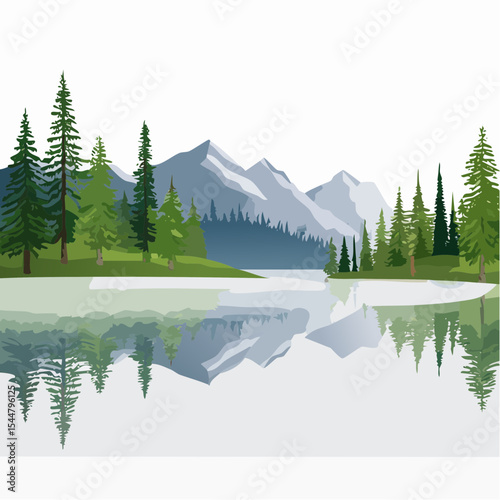 Serene mountain lake with pine tree reflections in the mist